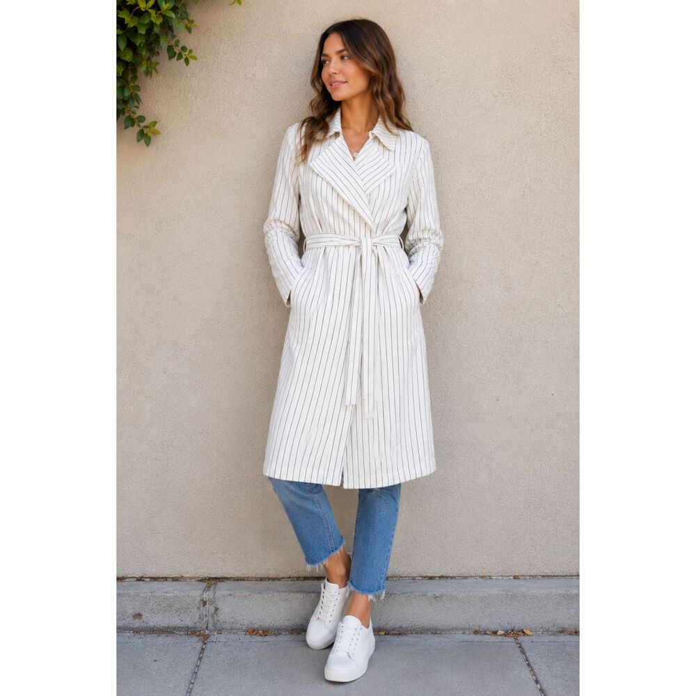 Rachel Zoe 100% Linen Wrap Cardigan Jacket Duster Women XXS Striped Belted NWT